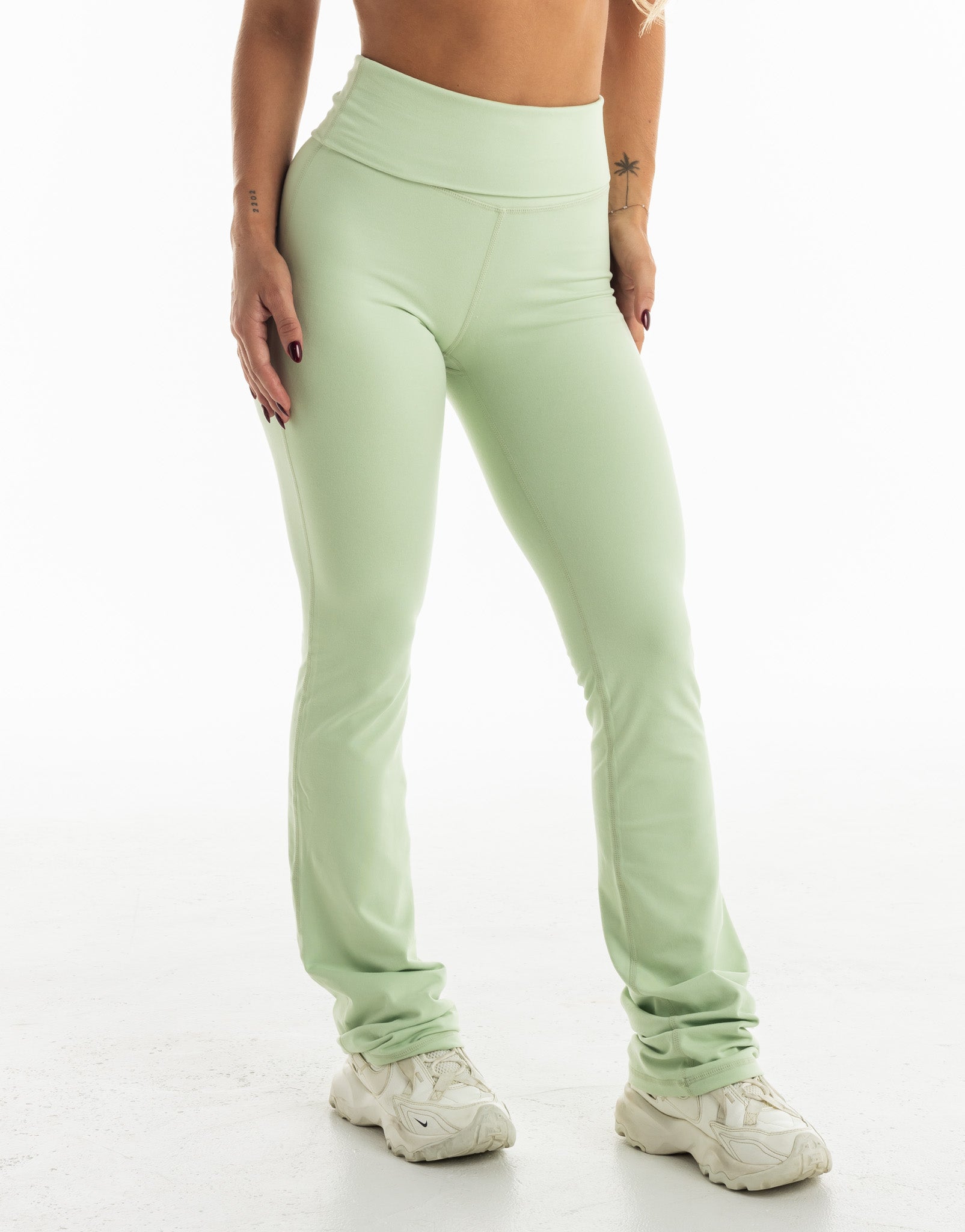 Fold Over Flare Leggings - Sage Green