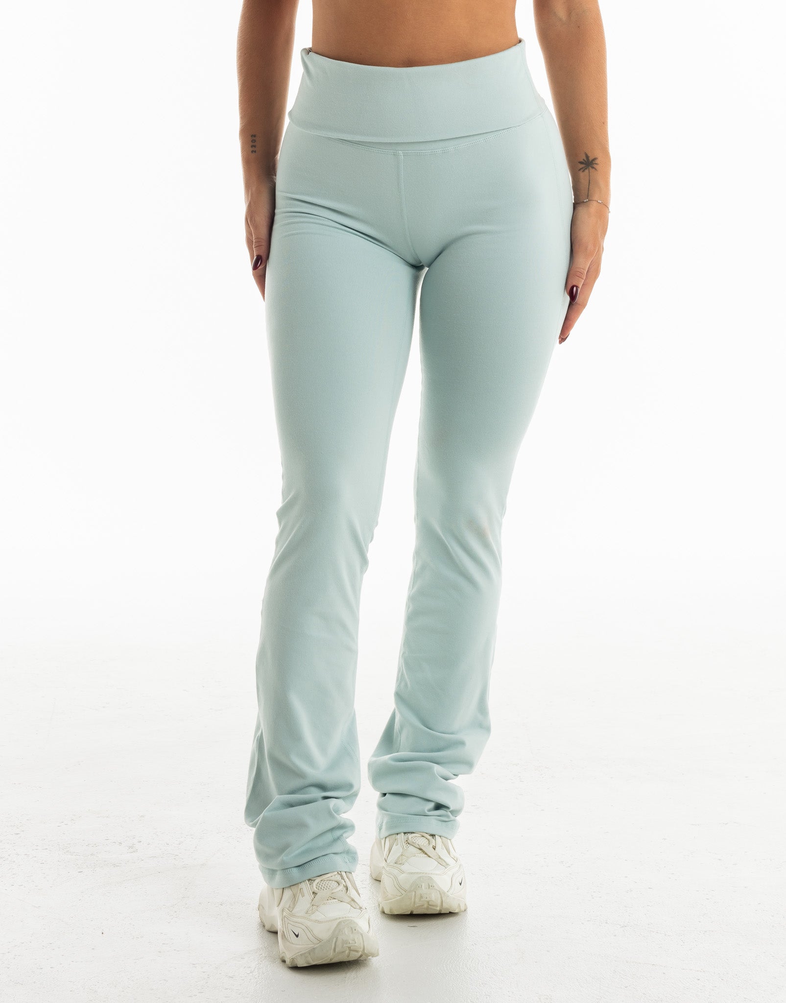 Fold Over Flare Leggings - Light Blue