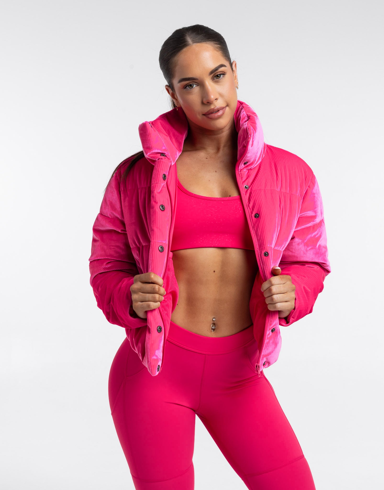 Velour Puffer Jacket - Bright Pink