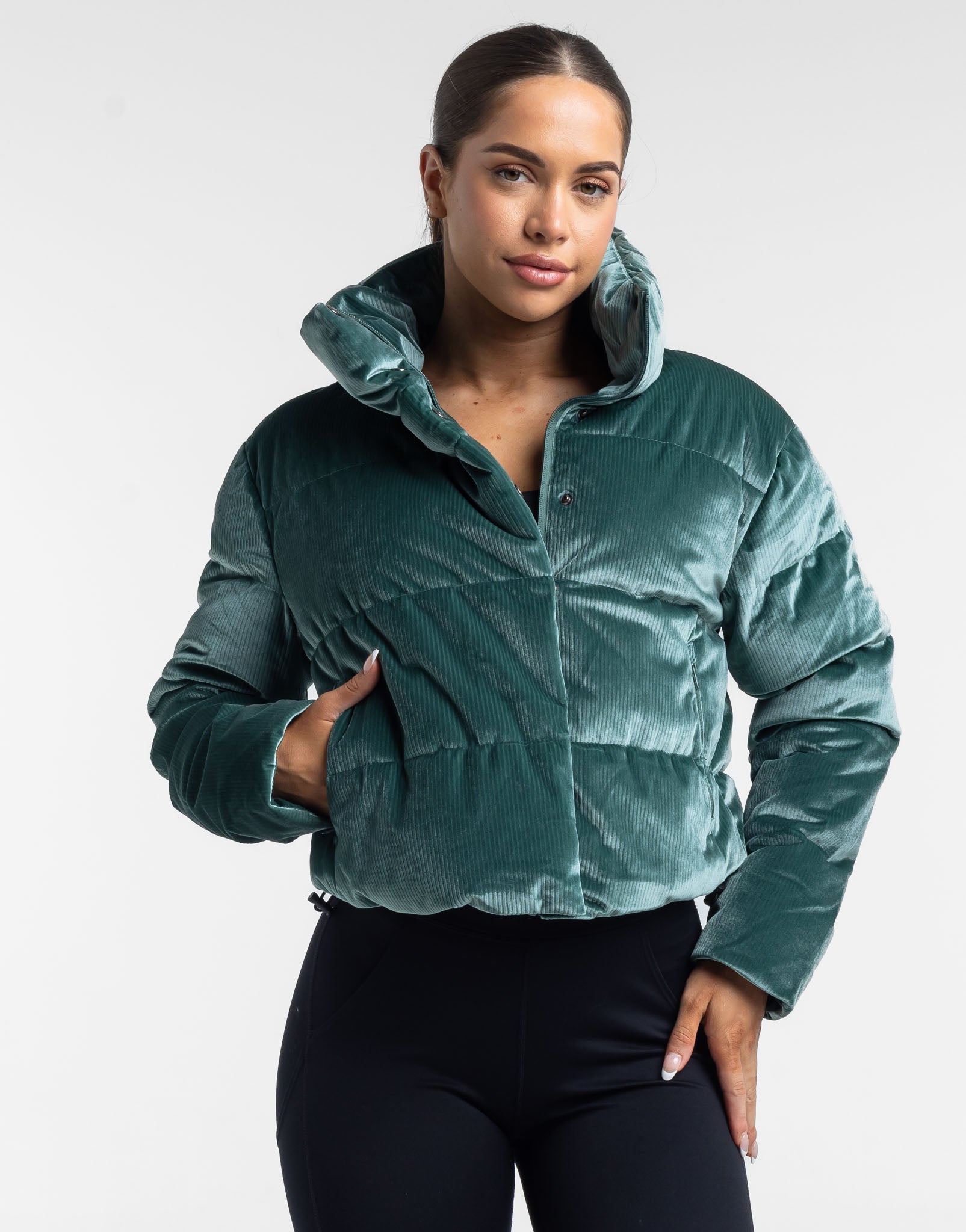 Velour Puffer Jacket - Emerald Green