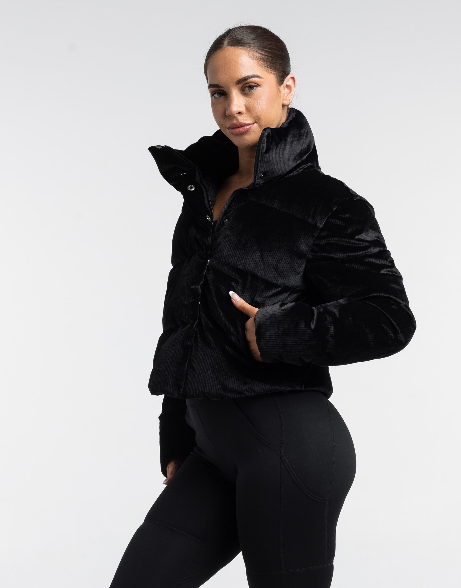 Velour Puffer Jacket - Black